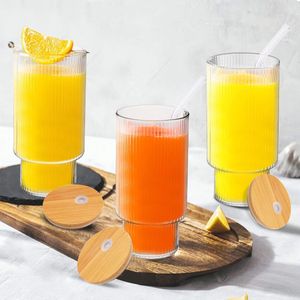 Geribbelde glazen, 4 set 16 oz vintage glazen drinkbekers met deksels en rietjes, herbruikbare ijskoffie glazen bekers, ideaal voor koffie, sap, bier, whisky, cadeau