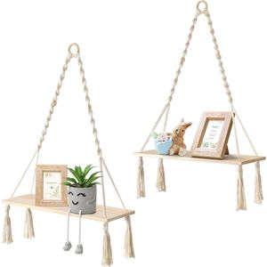 Wandplank Houten plank Boho Macrame Wandplank 2 stuks Macrame zwevende planken Chique zwevende planken voor slaapkamer Badkamer Balkon Planten (Beige)