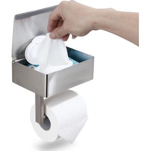 Designs Toiletrolhouder met opbergdoos en deksel voor opbergen van vochtige doekjes - voor badkamer & toilet - hangend aan de muur met RVS muurbeugel - geborsteld nikkel Klein