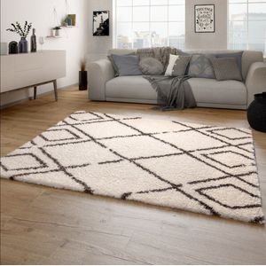 Paco Home Hoogpolig Vloerkleed Woonkamer Shaggy Langpolig Scandinavisch Ruiten Patroon 200x290 cm