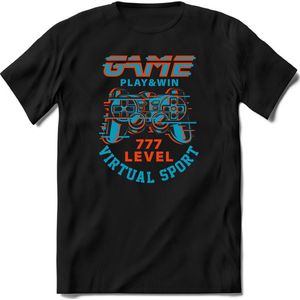 Play and win | Gaming kado T-Shirt heren - dames | Blauw-Oranje | Perfect game pc cadeau shirt | Grappige console spreuken - zinnen - teksten Maat 3XL