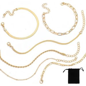 5 pieces gold bracelets for women stainless steel stackable gold plated 14 carat bracelets necklace Figaro beads adjustable set of bracelets jewellery
