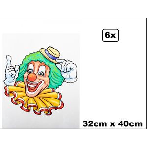 6x Raamsticker Funny clown 32cm x 40cm - Carnaval thema feest festival party feest decoratie versiering