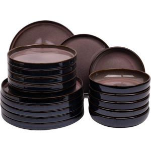 18 delige serviesset - 6 persoons - Vila Nova - roze met blauw - rechtopstaande rand - Portugees stoneware