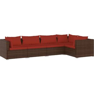 VidaXL 5-delige Loungeset met Kussens - Poly Rattan Bruin