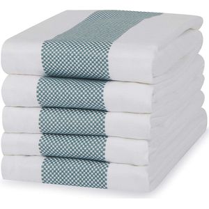 100% Katoenen Theedoeken, Set van 5 Keukenhanddoeken | 50 x 70 cm | Blauw Aqua Dubbele Streep | Absorberende Restaurant Bar Glazen Keukendoeken