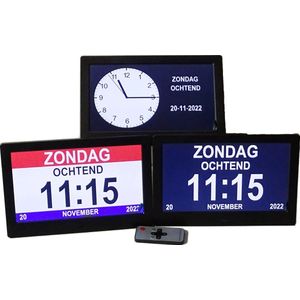 Dementieklok- kalenderklok- seniorenklok met dagdeelaanduiding- keuze uit 3 verschillende displays in 1 klok- analoog of digitaal- Extra groot 10 inch - Zwart