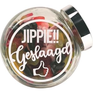 Geslaagd cadeau - Examen cadeau - Snoeppot winegums ""Jippie Geslaagd"", examen - geslaagd cadeautje - snoepcadeautje - gevuld met winegum snoep mix