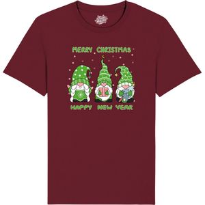 Christmas Gnomies Groen - Foute kersttrui kerstcadeau - Dames / Heren / Unisex Kerst Kleding - Grappige Feestdagen Outfit - Unisex T-Shirt - Burgundy - Maat XXL