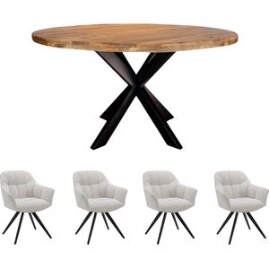 Zita Home Combi Voordeel - Eettafel 130cm + set van 4 stoelen - Mangohout - Ronde eettafel - set van 4 witte draaibare stoel