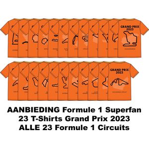 AANBIEDING Superfan Set Grand Prix 2023 - 23 T Shirts Formule 1 Racing - T-Shirts ALLE Formule 1 Circuits - Dutch Lion Legion - Oranje T-shirt - T-Shirt Vrouw - T-Shirt Grand Prix - GP Bundel - maat S