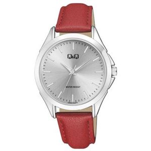 Q&Q C04A-022PY - Horloge - Analoog - Unisex - Leren band - Rond - Metaal - Streepjes - Rood - Zilverkleurig