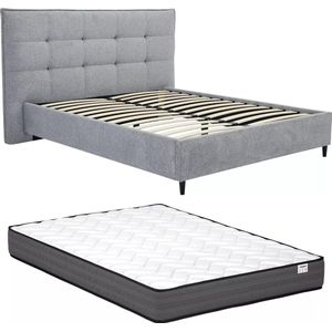 Vente-unique Bed 140 x 190 cm met hoofdbord met capitons - Stof - Grijs + matras - NIPRIO L 184 cm x H 121 cm x D 197 cm