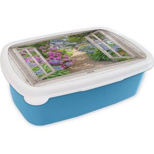 Broodtrommel Blauw - Lunchbox - Brooddoos - Hortensia - Doorkijk - Bloemen - Zomer - Paars - Pad - 18x12x6 cm - Kinderen - Jongen