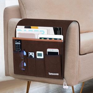 Sofa-armleuning-organizer, bank-organizer bedtas om op te hangen, vilten hangende organizer-tas met 5 vakken voor bank, stoel, bed, bedleuning, bureaus, toonbanken, kast TV koffiebruin