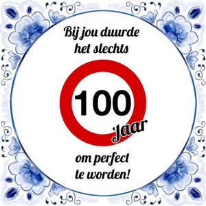 Verjaardag Tegeltje met Spreuk (100 jaar: bij jou duurde het slechts 100 jaar om perfect te worden + cadeau verpakking & plakhanger