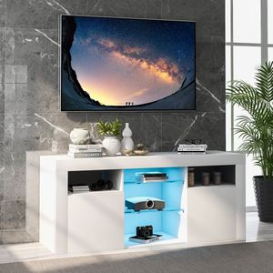 Sweiko LED TV kast, TV tafel, TV stand met 2 kasten met deuren en 5-open planken, 16-kleur LED verlichting, TV meubels voor tot 55-inch TV, Wit, 120*35*50cm