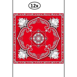 12x Zakdoek rood met bloemen motief 63 x 63 cm. - zakdoek bandana boeren carnaval feest sjaal  bloemen