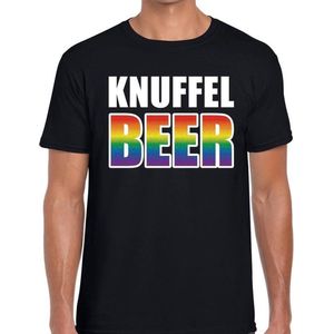 Knuffel beer gaypride t-shirt - zwart shirt met regenboog tekst voor heren - Gay pride L