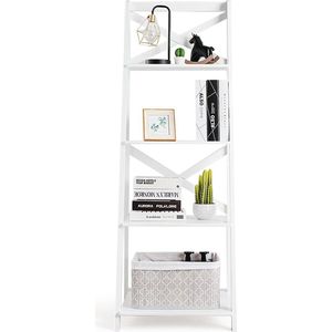 4 niveaus ladderrek, staand rek, boekenkast, hout, traprek voor woonkamer, keuken, badkamer & boekhandel (1, wit)