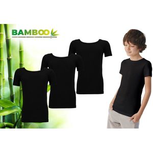 Bamboo Elements - T Shirt Kinderen Jongens - Ronde Hals - 3 Stuks - Zwart - 134-140 - Bamboe - Ondershirt - Extra Lang - Anti Zweet T-Shirt Jongens