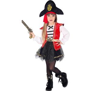 Widmann - Piraat & Viking Kostuum - Kaper Kapitein Karin - Meisje - Rood, Zwart / Wit - Maat 104 - Carnavalskleding - Verkleedkleding