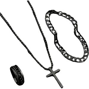Bovista Ketting - Heren - Staal - Nep zilver - Met Hanger - 3 Stuks - Zwart