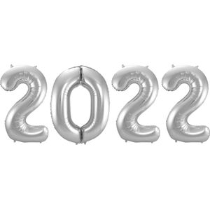 Ballon 2022 Happy New Year Versiering Oud en Nieuw Jaar Versiering Decoratie Cijfer Ballonnen Zilver –Met Rietje