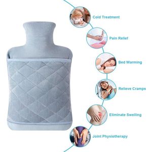 Warmwaterkruik, 2 liter, met zachte pluche hoes, zorgt voor warmte en comfort, voor nek, rug, taille, cadeau voor verjaardag, Kerstmis, Vader- en Moederdag, geschikt voor baby's (blauw-grijs)