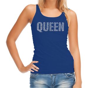 Glitter Queen tanktop blauw met steentjes/ rhinestones voor dames - Glitter kleding/ foute party outfit S
