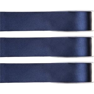 Hobby/decoratie sierlint - 3x - satijn - donkerblauw - 1,5 cm/15 mm x 25 meter - cadeaulint
