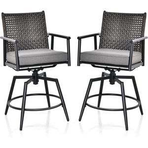 COSTWAY Set van 2 barkrukken, 360 graden draaibaar, tuinstoelen met 2-laagse PE-rotan rugleuning, afneembaar gevoerd kussen, voetensteun en metalen frame, barstoelen voor balkon, tuin en zwembad