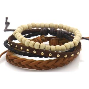 Armbandenset - Kralen en Leer- gevlochten - Bruin - verstelbaar