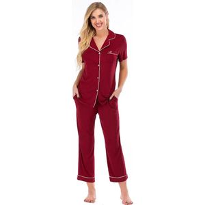 Bamboe Pyjama Set - Huispak - Dames - Ademend - Zacht - Lange Broek - Hypoallergeen - Rood - L