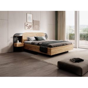 Bed met nachtkastjes 160 x 200 cm - Met ledverlichting - Kleur: houtlook en zwart – Met bedbodem – Met matras – JUVISIA L 249 cm x H 95 cm x D 223 cm