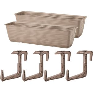 Form Plastic Balkon plantenbak Balustrade - 2x - incl ophangbeugels - kunststof - beige - L50 x B17 x H14