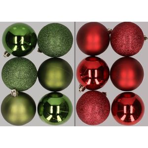 12x stuks kunststof kerstballen mix van appelgroen en donkerrood 8 cm - Kerstversiering