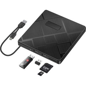 Externe USB 3.0 DVD-Brander voor Laptop - RW-Brander met TF-Kaartlezer en USB-Poorten - Draagbare CD/DVD-Drive voor Windows en Mac - Multifunctionele Optische Schijfeenheid