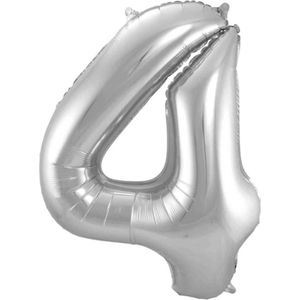 LUQ - Cijfer Ballonnen - Cijfer Ballon 4 Jaar zilver XL Groot - Helium Verjaardag Versiering Feestversiering Folieballon