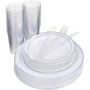 MATANA 150-delig Plastic Feestservies - 50 Witte Feestborden met Zilveren Rand (2 Maten), 25 Lepels, 25 Vorken, 25 Messen, 25 Feestbekers - Bruiloften en Verjaardagen