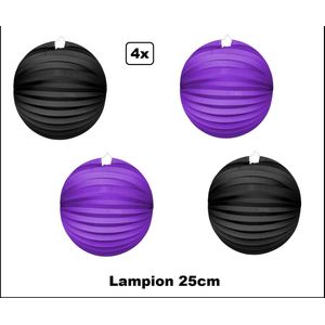 4x Lampion Paars/zwart 25cm - festival thema feest verjaardag party papier BBQ strand licht fun