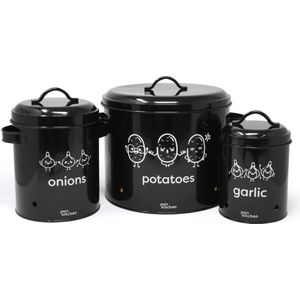 Set van 3 Aardappel Uien en Knoflook Opslag met Deksel en Ventilatiegaten voor Versheid - Stalen Plantaardige Opslag Container Blikken Retro Stijl (zwart)