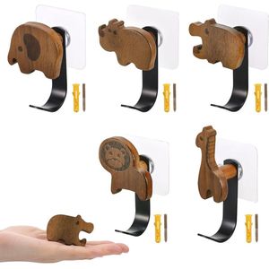 Allecto Premium - Kinderkapstok met Dieren - 5 stuks - Zelfklevend of Voor Boren - Dieren Thema - Wandkapstok voor Kinderen met Leeuw, Olifant, Nijlpaard, Giraf en Neushoorn - Houten Kapstokken met Muurdecoratie