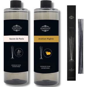 Navulling secret de paris + arabian nights + geurstokjes - Geurstokjes Navulling Set van 2 + 5 Geurstokjes - Geurverspreider - Luchtverfrisser - Huisparfum - 400ml x 2