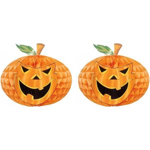 Set van 2x stuks horror decoratie honeycomb pompoen met gezicht 30 cm - Halloween lampion
