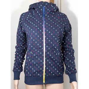 Dames hoodie trui met rits en capuchon zip hoodie katoen Indigo blauw melange patroon anker maat S