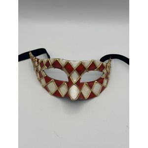 Venetiaans masker handgemaakt - Arlecchino masker rood/wit/goud - Carnavals masker - gala masker rood wit goud