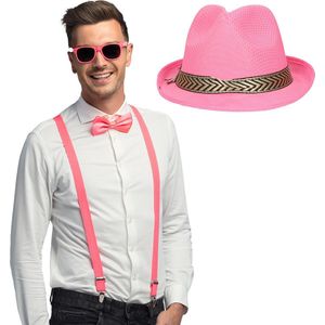 Toppers - Carnaval verkleedset Funky - hoed/bretels/bril/strikje - roze - heren/dames - verkleedkleding - verkleedkleding accessoires