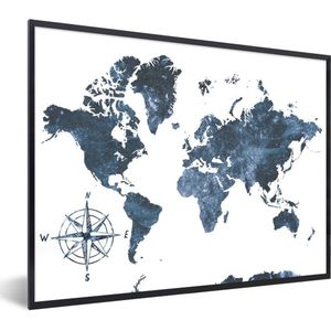 Fotolijst incl. Poster - Wereldkaart - Blauw - Wit - 80x60 cm - Posterlijst