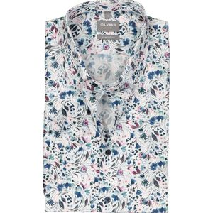 OLYMP comfort fit overhemd - korte mouw - popeline - wit met blauw en roze bloemen dessin - Strijkvrij - Boordmaat: 46